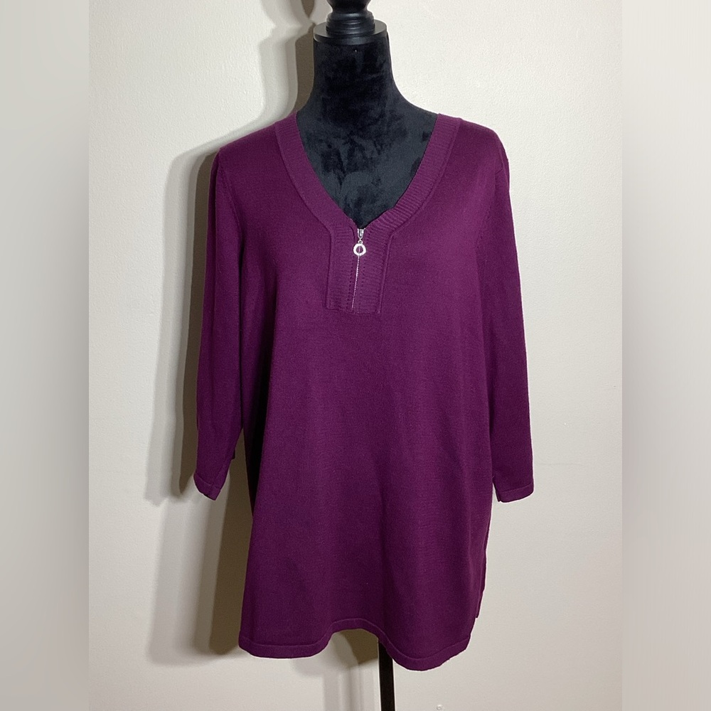 Avenue Purple 3/4 Sleeve V Neck Zip Design Sweater Size 18/20
